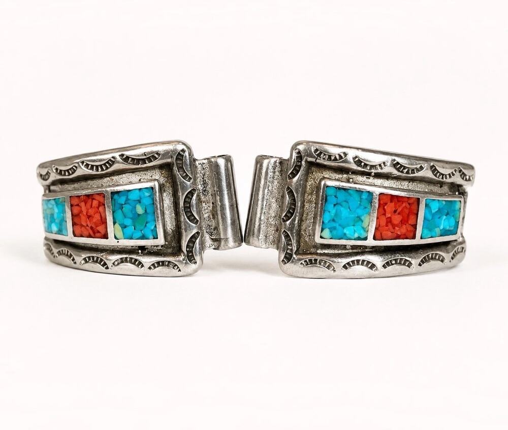 Vintage Navajo Turquoise Coral Inlay Nickel Silver Watch Tips l Sharp Watch Pins